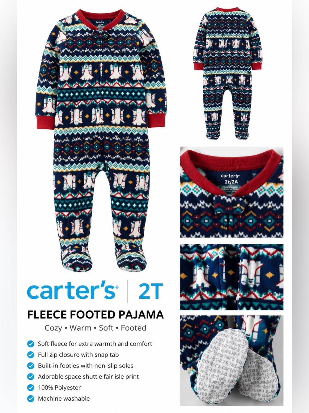 Carter’s 2T Fleece Footed Pajamas | Holiday Space Shuttle Fair Isle Print | NWT